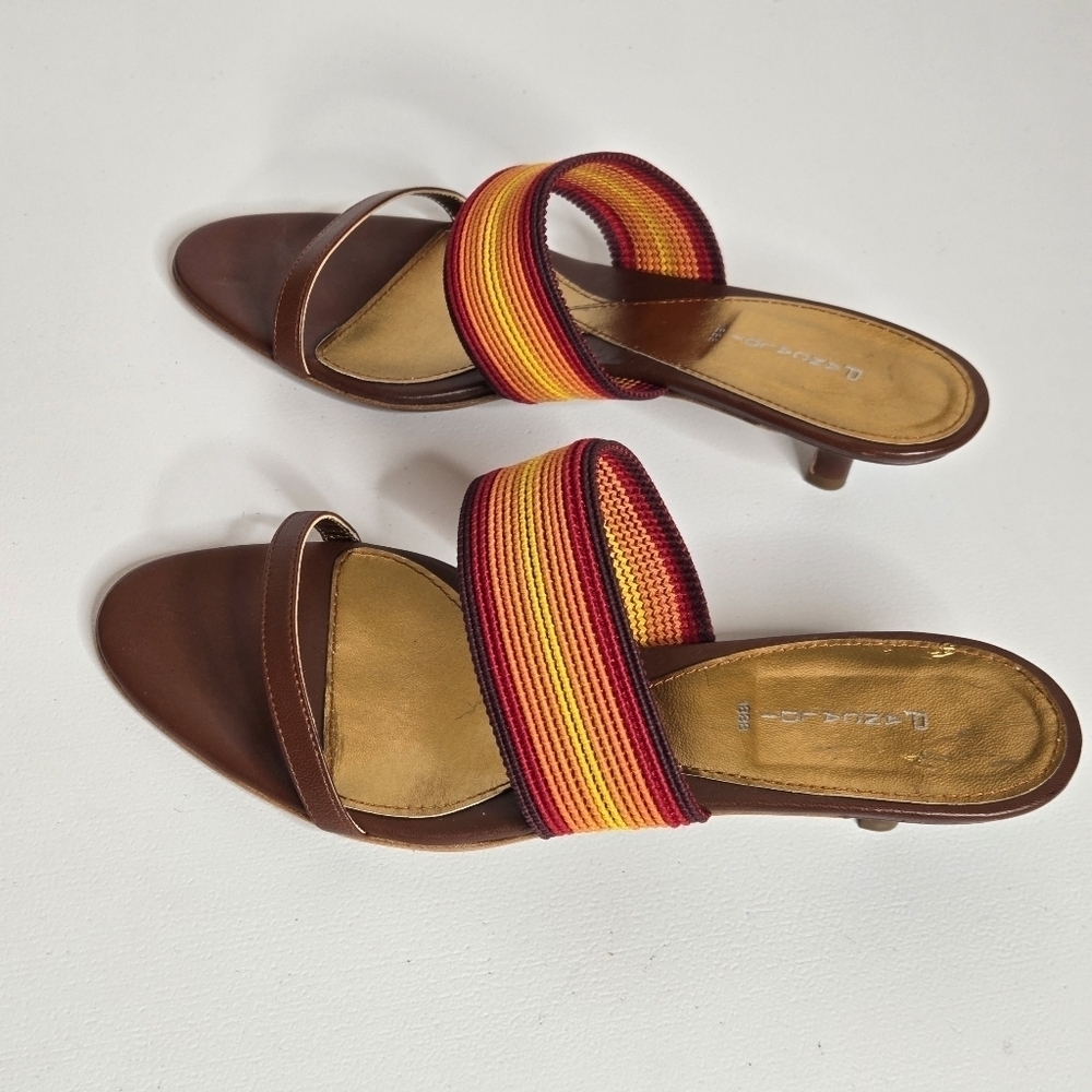 Pancaldi 1888 Italian Brown Red Orange Yellow Kitten Heel Slip On Sandals Sz 9 - Picture 2 of 10